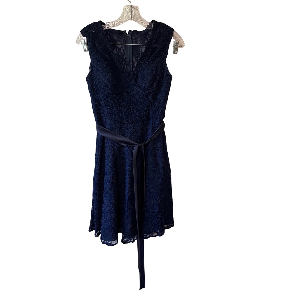 Mori Lee Navy Blue Floral Lace V-Neck Cocktail Dress with Satin Sash Size 10